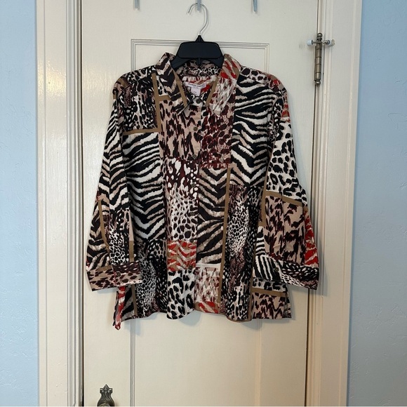 Allison Daley Shirt Button Up Animal Print Tan & Black Patchwork Size PXL - Picture 2 of 12